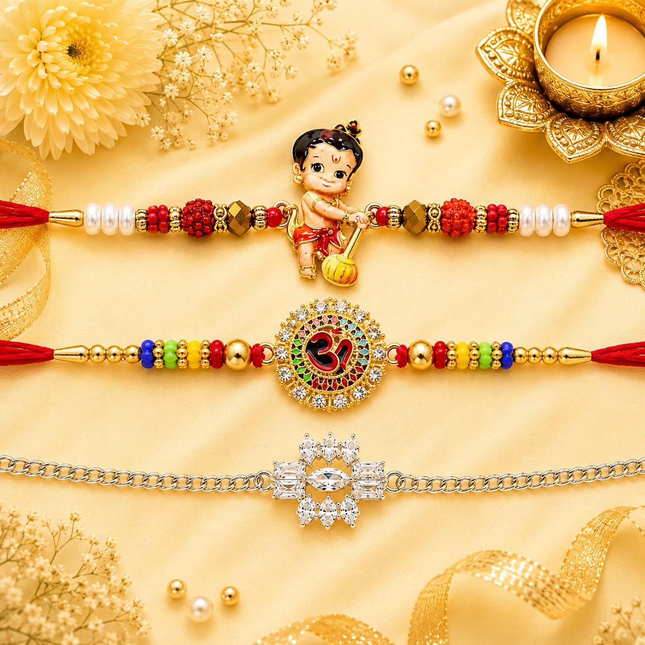 VighNox Rakhi set for Brother with Gift hamper, 3 rakhis for Rakshabandhan - front view (11)