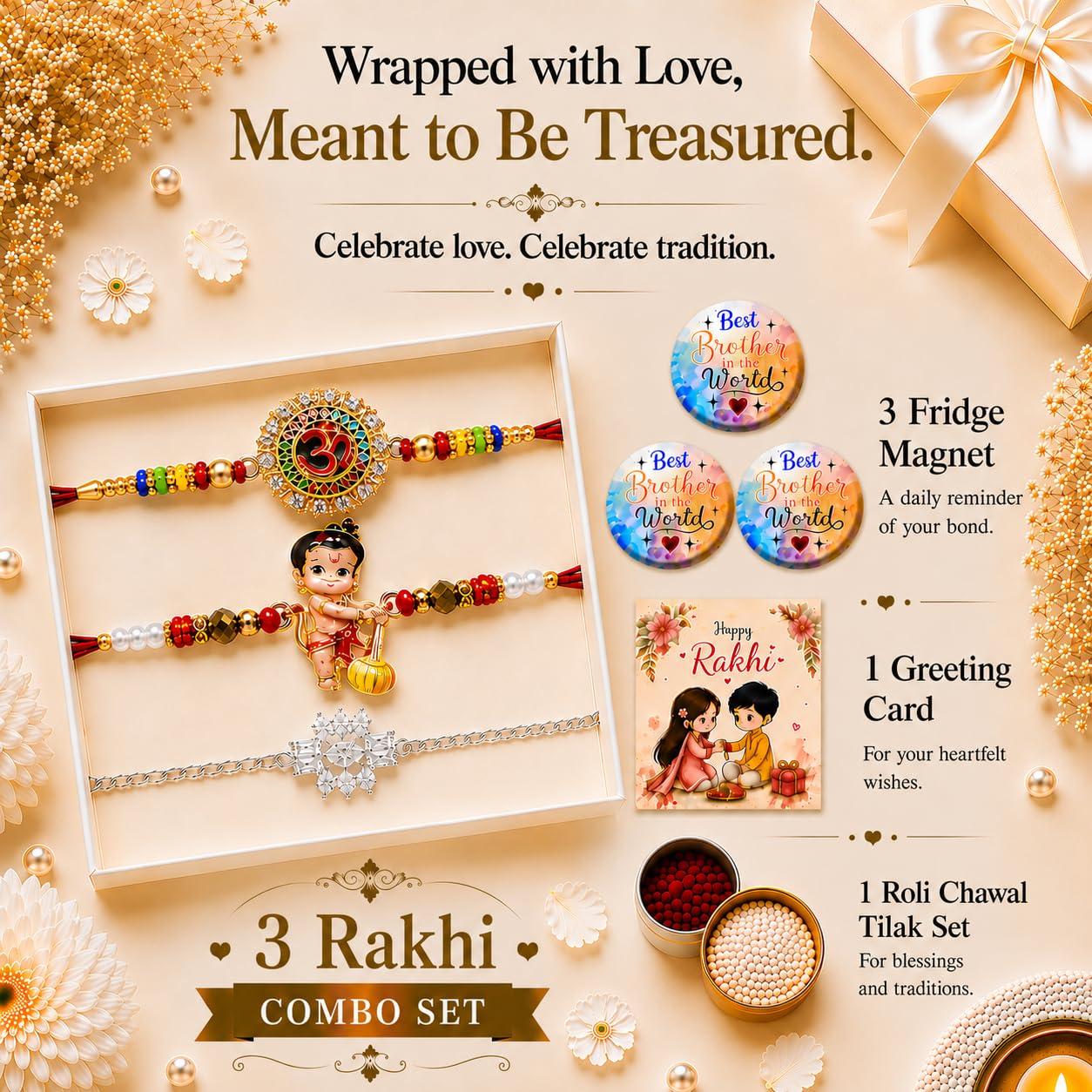 VighNox Rakhi set for Brother with Gift hamper, 3 rakhis for Rakshabandhan - back view (12)