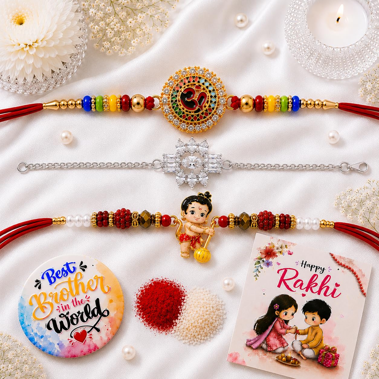 VighNox Rakhi set for Brother with Gift hamper, 3 rakhis for Rakshabandhan - size and scale (15)