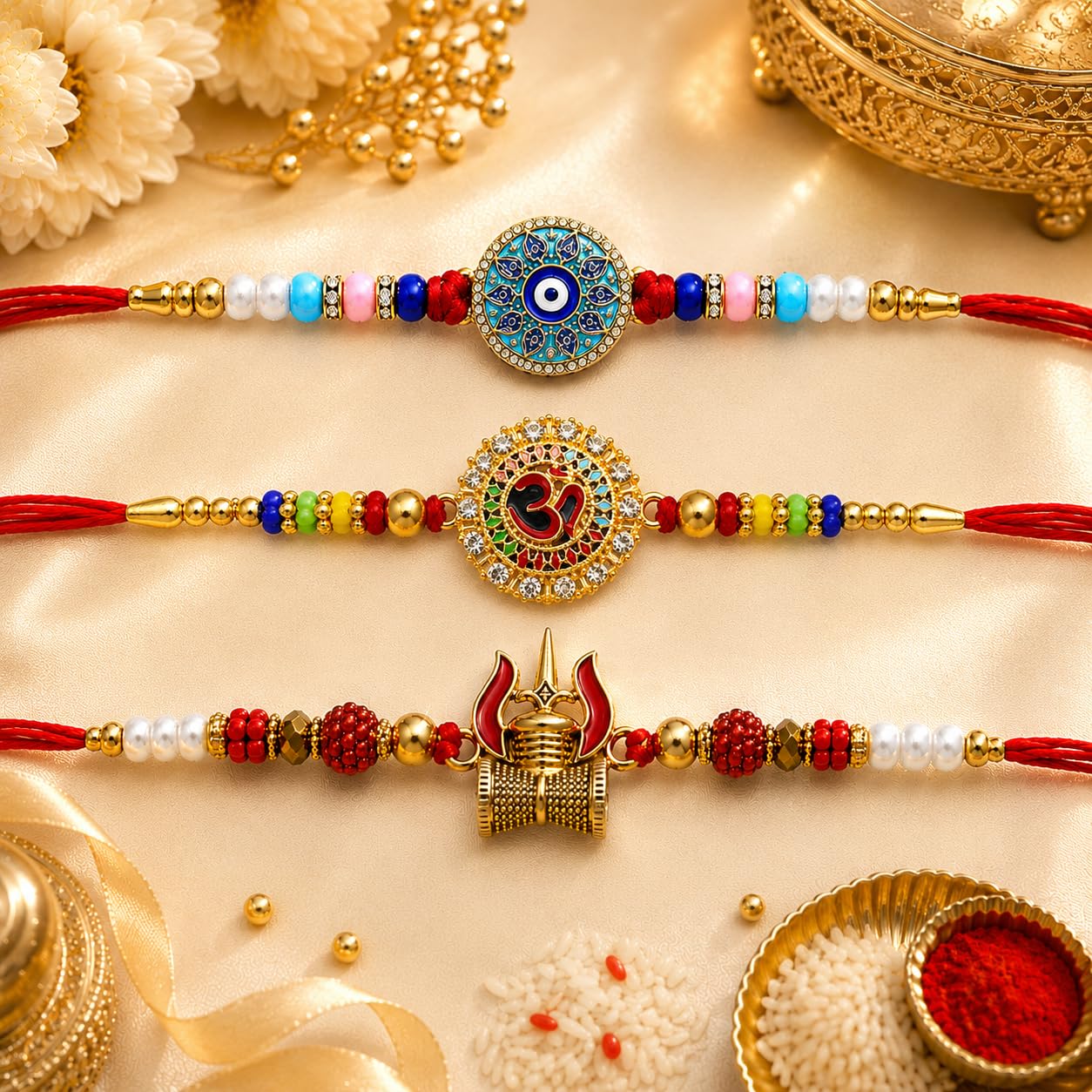 VighNox Rakhi set for Brother with Gift hamper, 3 rakhis for Rakshabandhan - front view (17)