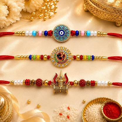 VighNox Rakhi set for Brother with Gift hamper, 3 rakhis for Rakshabandhan - front view (17)