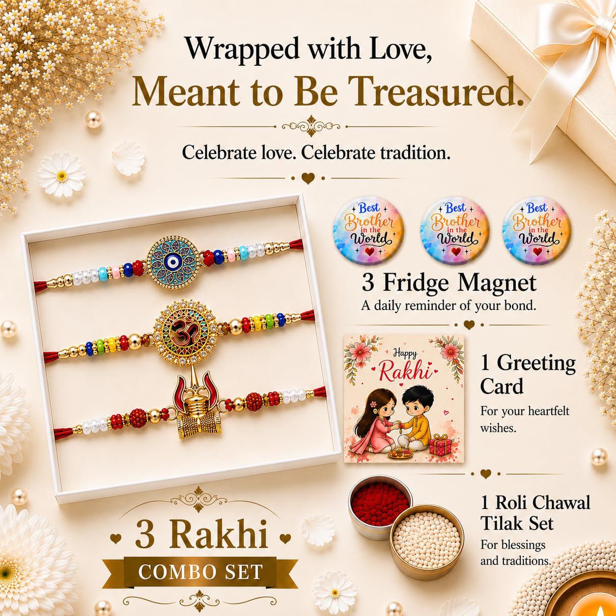 VighNox Rakhi set for Brother with Gift hamper, 3 rakhis for Rakshabandhan - back view (18)