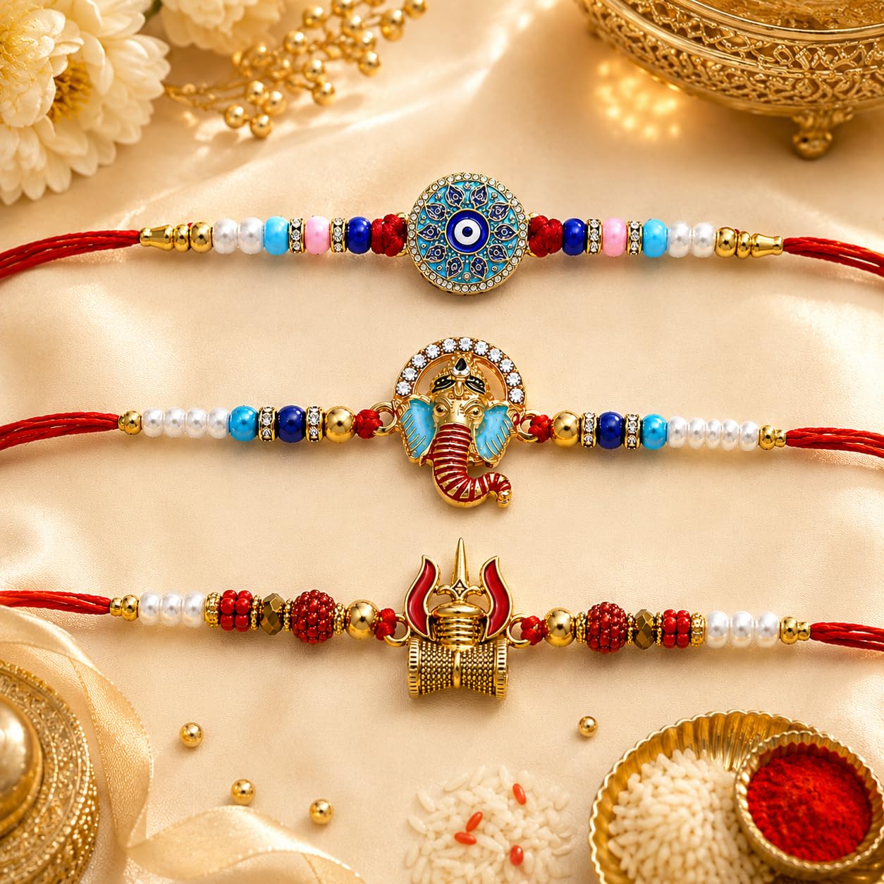 VighNox Rakhi set for Brother with Gift hamper, 3 rakhis for Rakshabandhan - front view