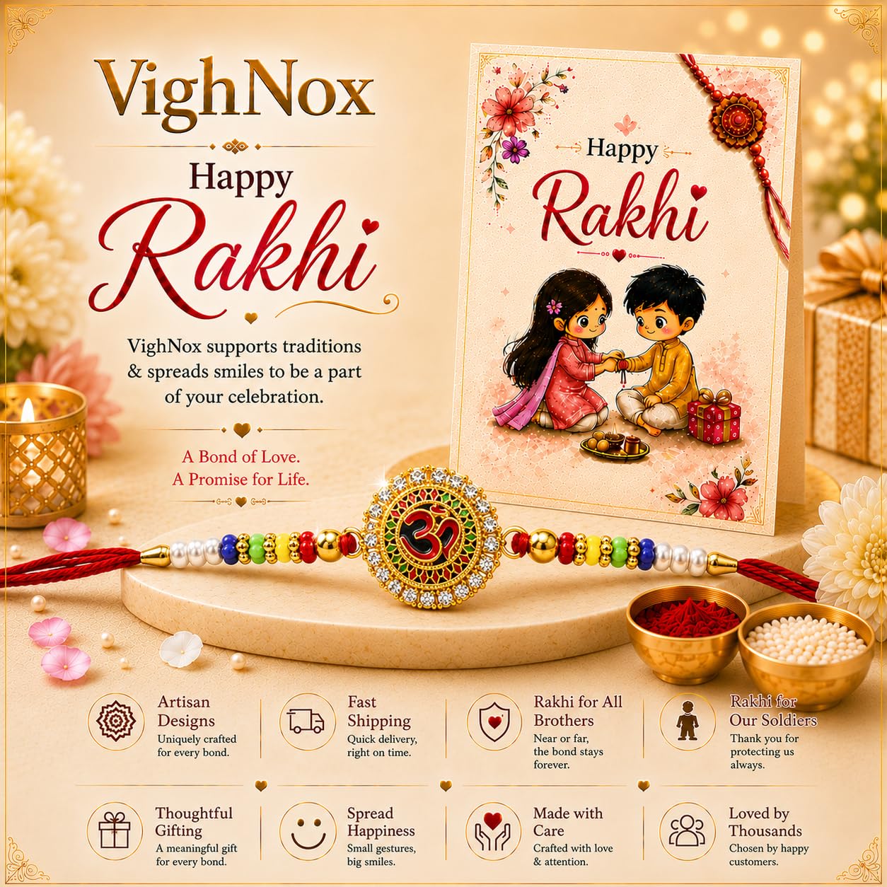 VighNox Rakhi set for Brother with Gift hamper, 3 rakhis for Rakshabandhan - ingredients panel (20)