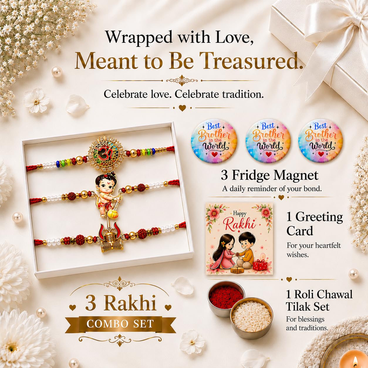 VighNox Rakhi set for Brother with Gift hamper, 3 rakhis for Rakshabandhan - back view (25)