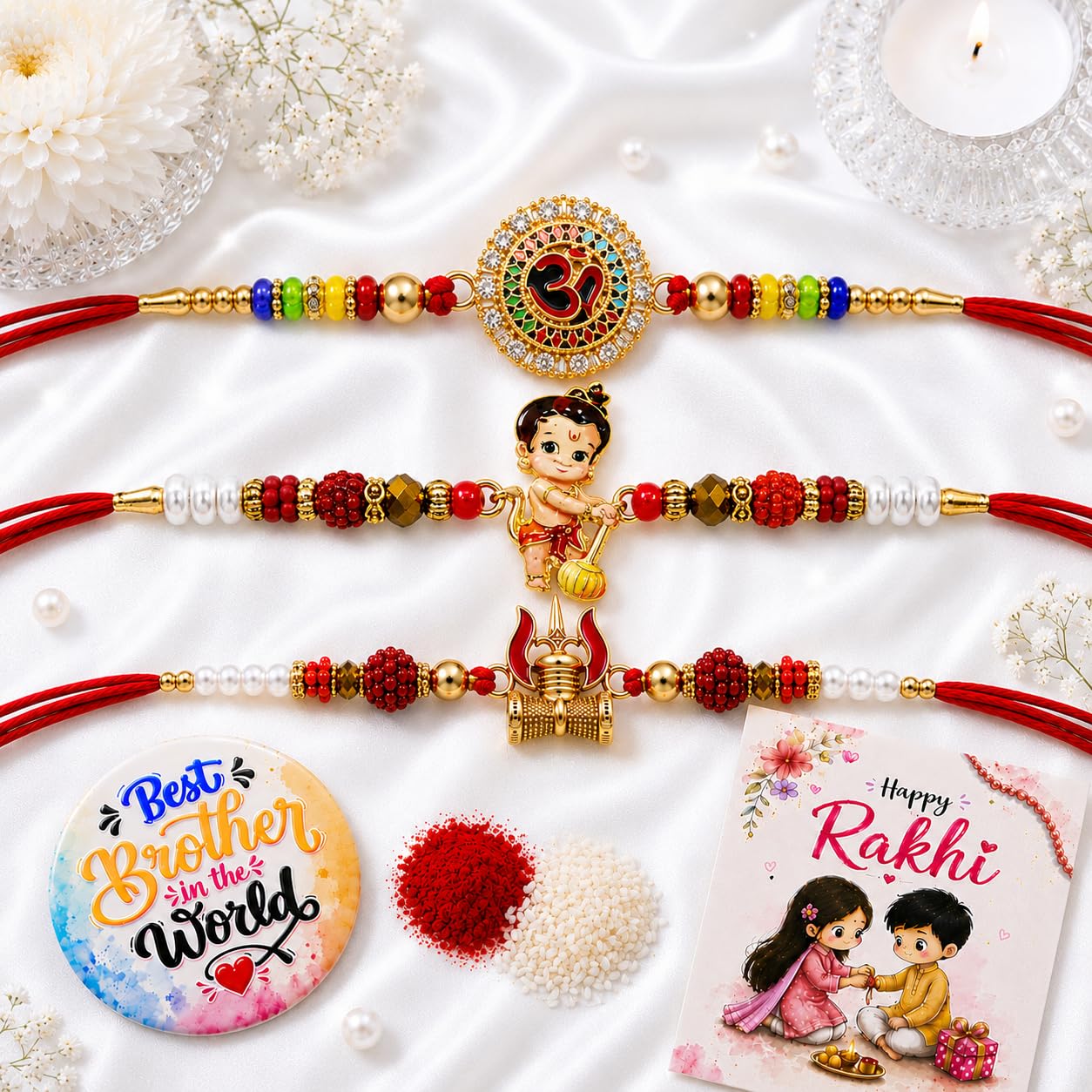 VighNox Rakhi set for Brother with Gift hamper, 3 rakhis for Rakshabandhan - size and scale (27)