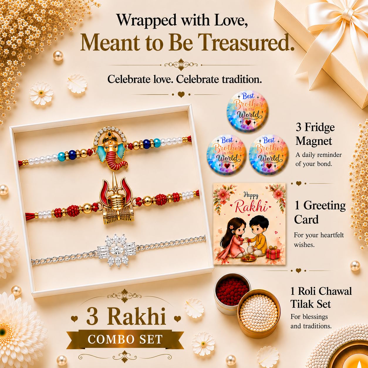 VighNox Rakhi set for Brother with Gift hamper, 3 rakhis for Rakshabandhan - back view (30)