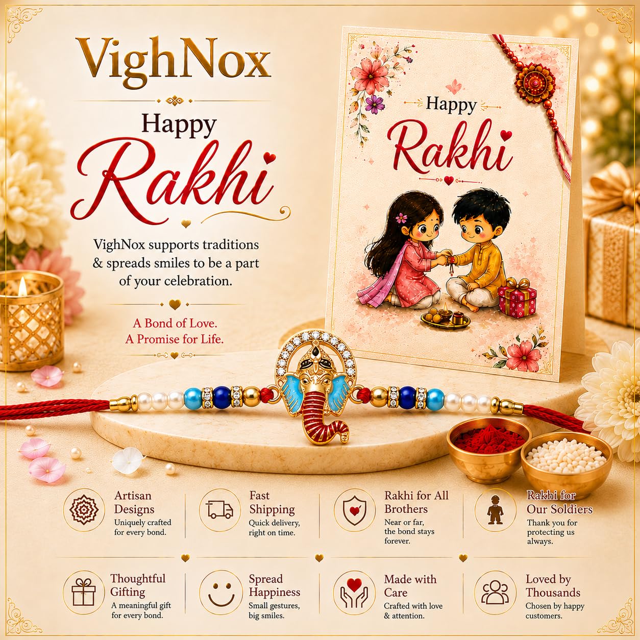 VighNox Rakhi set for Brother with Gift hamper, 3 rakhis for Rakshabandhan - close-up detail (33)
