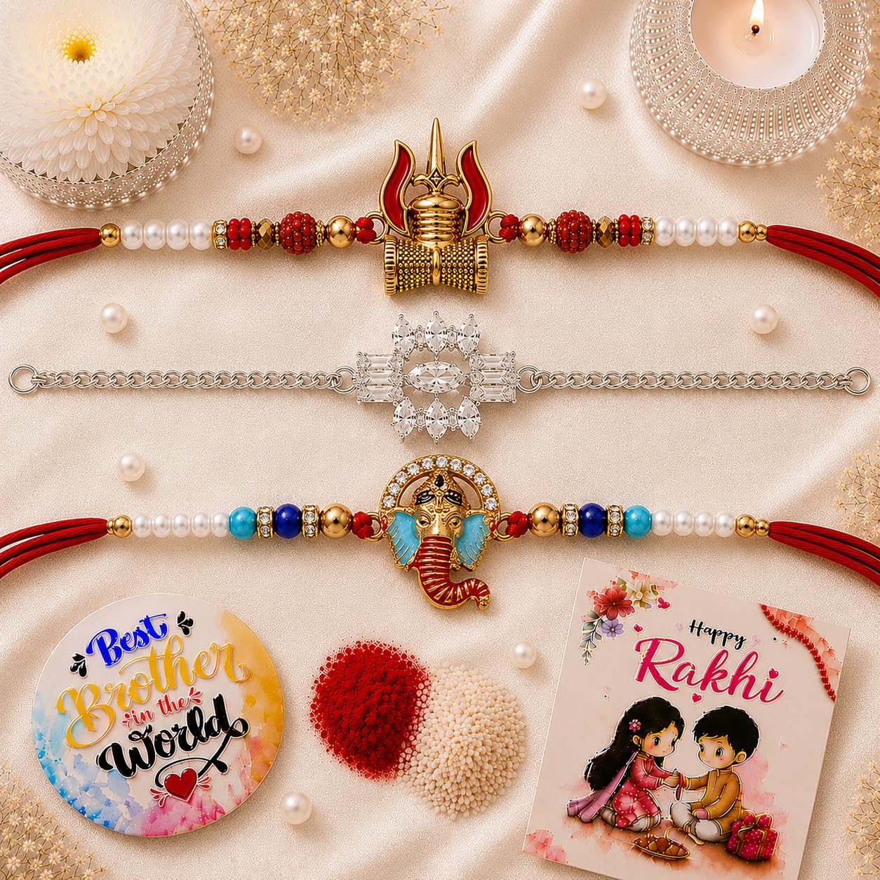 VighNox Rakhi set for Brother with Gift hamper, 3 rakhis for Rakshabandhan - size and scale (34)