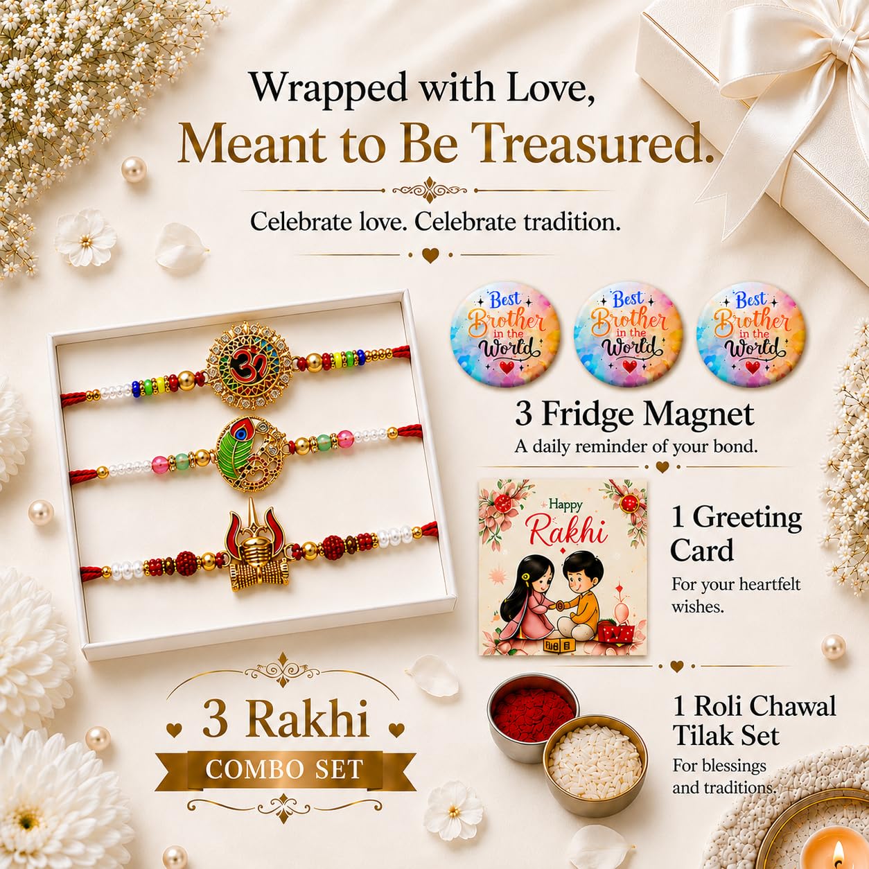 VighNox Rakhi set for Brother with Gift hamper, 3 rakhis for Rakshabandhan - back view (37)