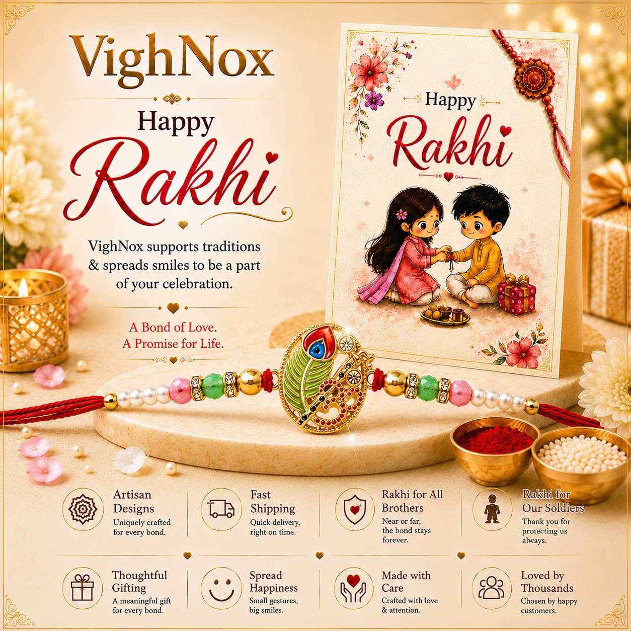 VighNox Rakhi set for Brother with Gift hamper, 3 rakhis for Rakshabandhan - ingredients panel (39)