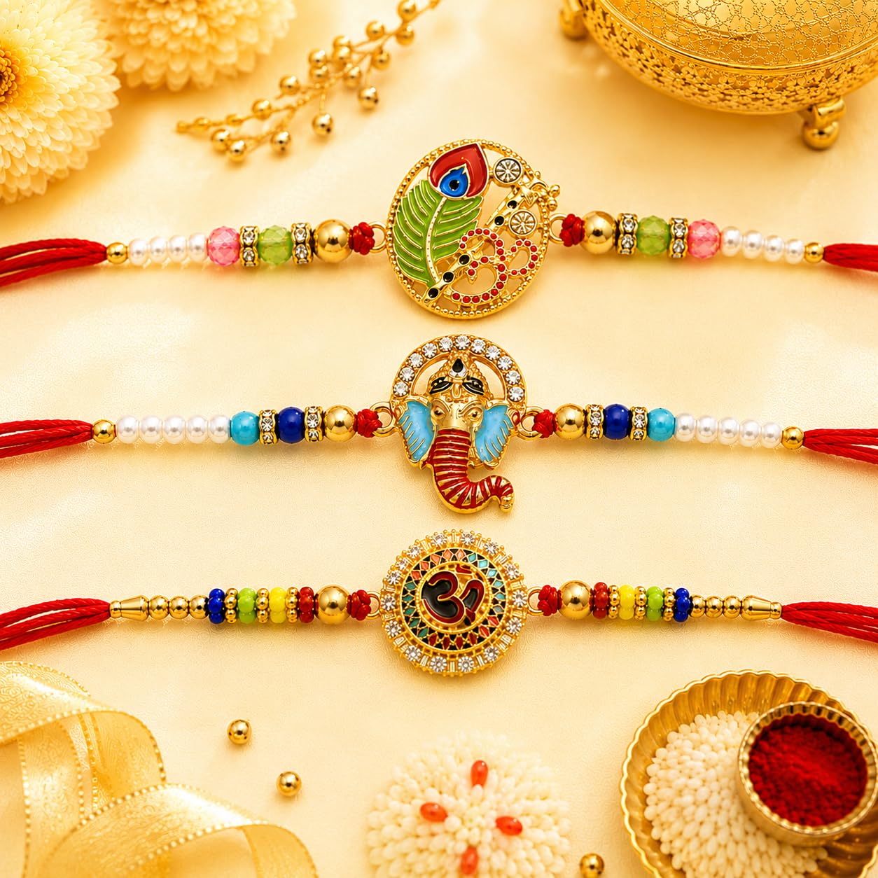 VighNox Rakhi set for Brother with Gift hamper, 3 rakhis for Rakshabandhan - front view (43)