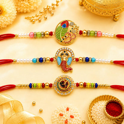VighNox Rakhi set for Brother with Gift hamper, 3 rakhis for Rakshabandhan - front view (43)