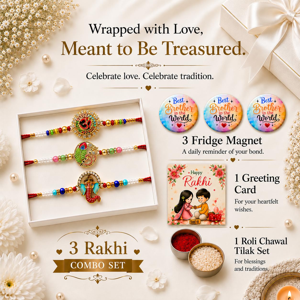 VighNox Rakhi set for Brother with Gift hamper, 3 rakhis for Rakshabandhan - back view (44)