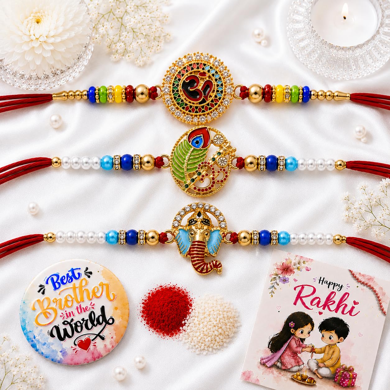 VighNox Rakhi set for Brother with Gift hamper, 3 rakhis for Rakshabandhan - size and scale (47)