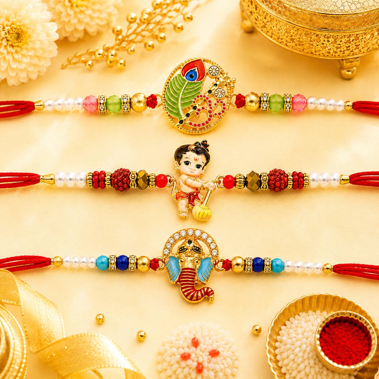 VighNox Rakhi set for Brother with Gift hamper, 3 rakhis for Rakshabandhan - front view (49)