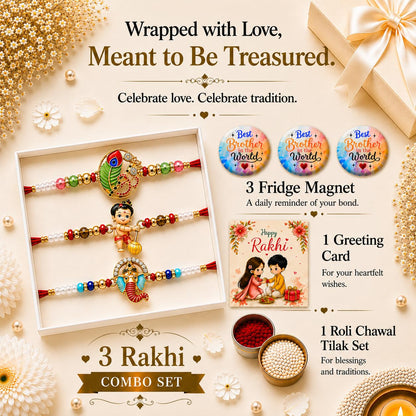 VighNox Rakhi set for Brother with Gift hamper, 3 rakhis for Rakshabandhan - back view (50)
