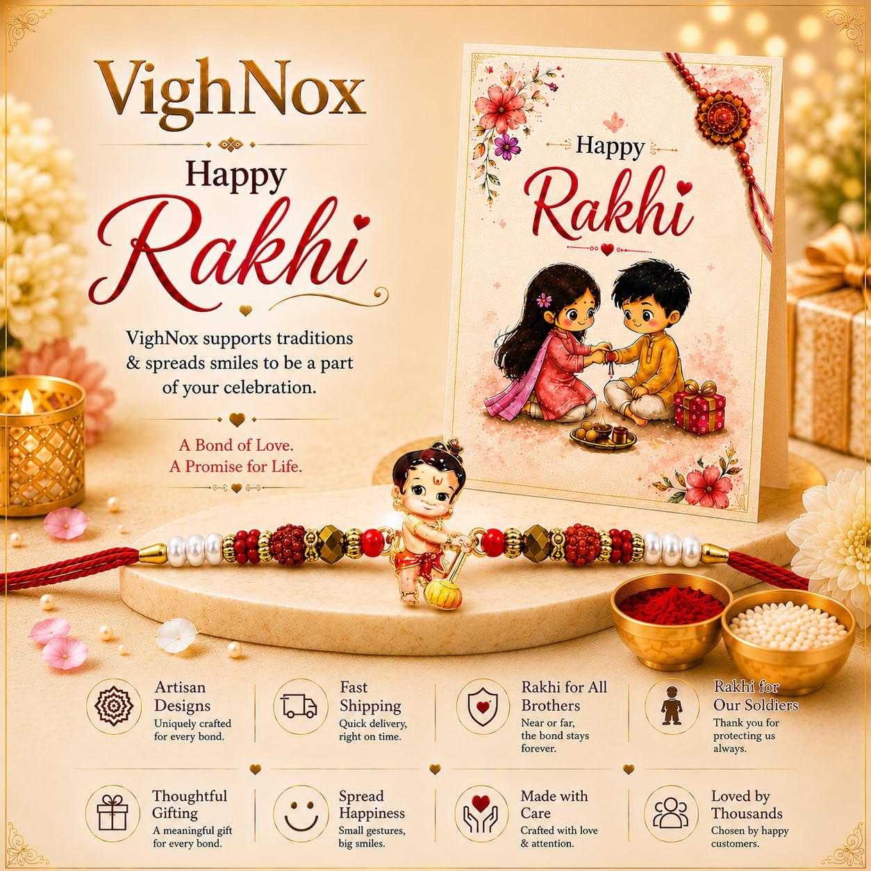 VighNox Rakhi set for Brother with Gift hamper, 3 rakhis for Rakshabandhan - close-up detail (53)