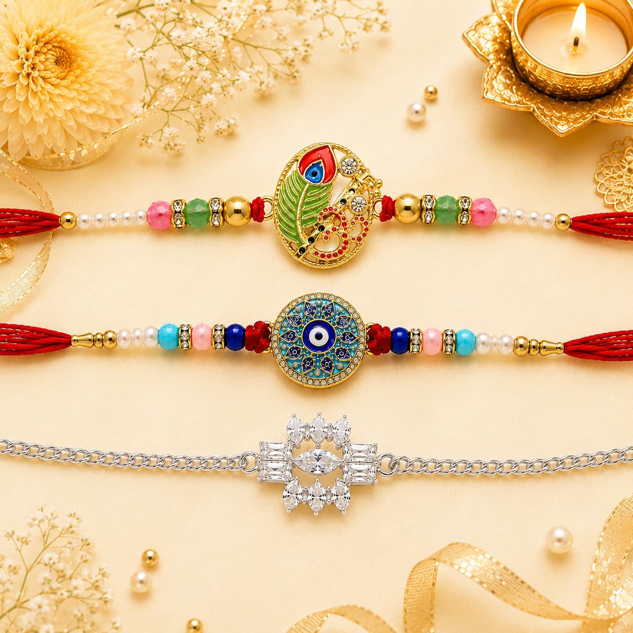 VighNox Rakhi set for Brother with Gift hamper, 3 rakhis for Rakshabandhan - front view (56)