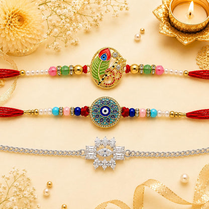VighNox Rakhi set for Brother with Gift hamper, 3 rakhis for Rakshabandhan - front view (56)