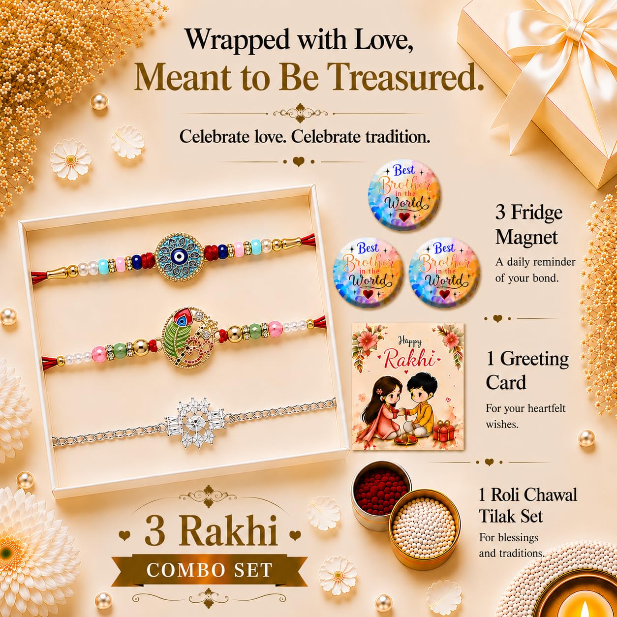 VighNox Rakhi set for Brother with Gift hamper, 3 rakhis for Rakshabandhan - back view (57)
