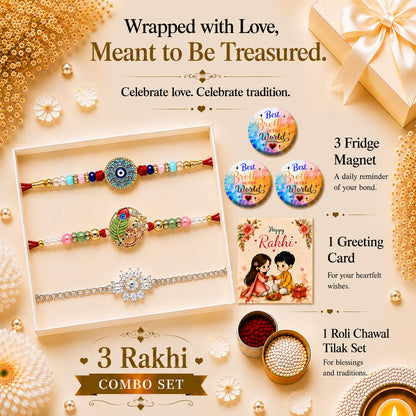 VighNox Rakhi set for Brother with Gift hamper, 3 rakhis for Rakshabandhan - back view (57)