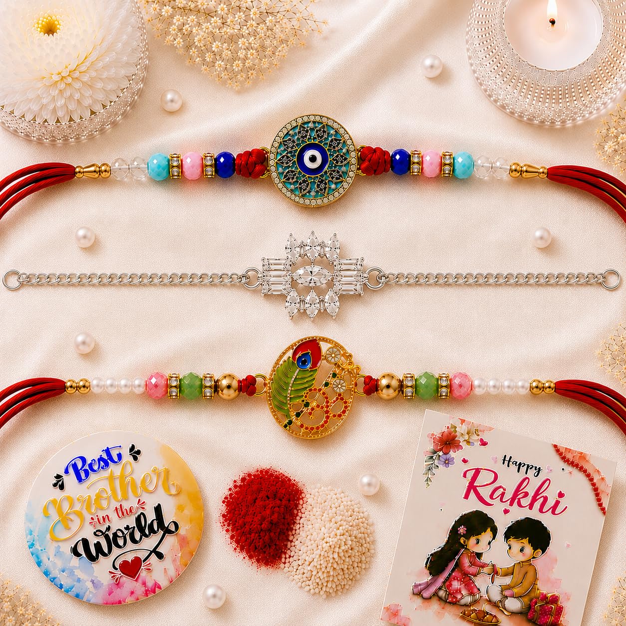 VighNox Rakhi set for Brother with Gift hamper, 3 rakhis for Rakshabandhan - size and scale (60)