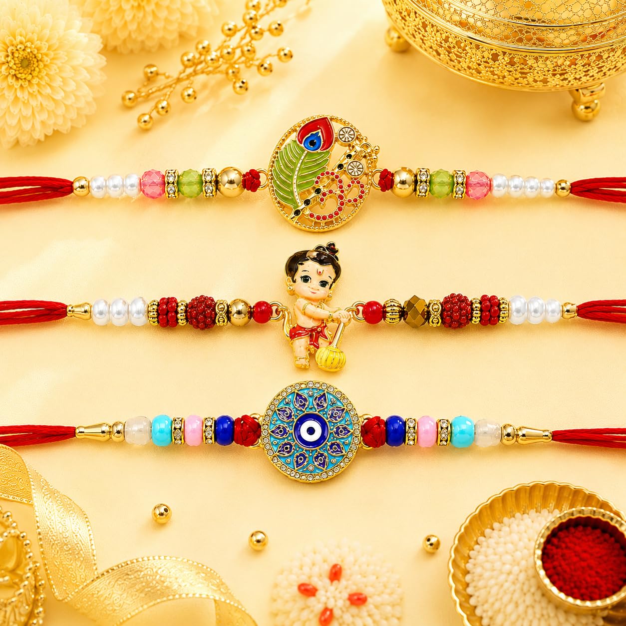 VighNox Rakhi set for Brother with Gift hamper, 3 rakhis for Rakshabandhan - front view (62)