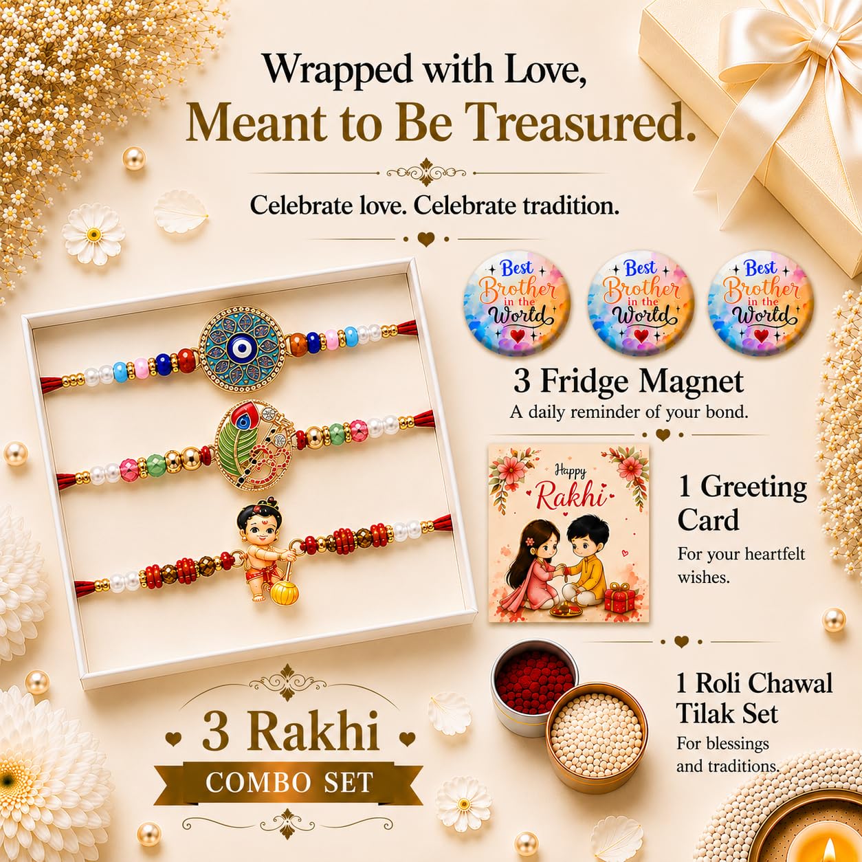 VighNox Rakhi set for Brother with Gift hamper, 3 rakhis for Rakshabandhan - back view (63)
