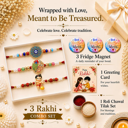 VighNox Rakhi set for Brother with Gift hamper, 3 rakhis for Rakshabandhan - back view (63)