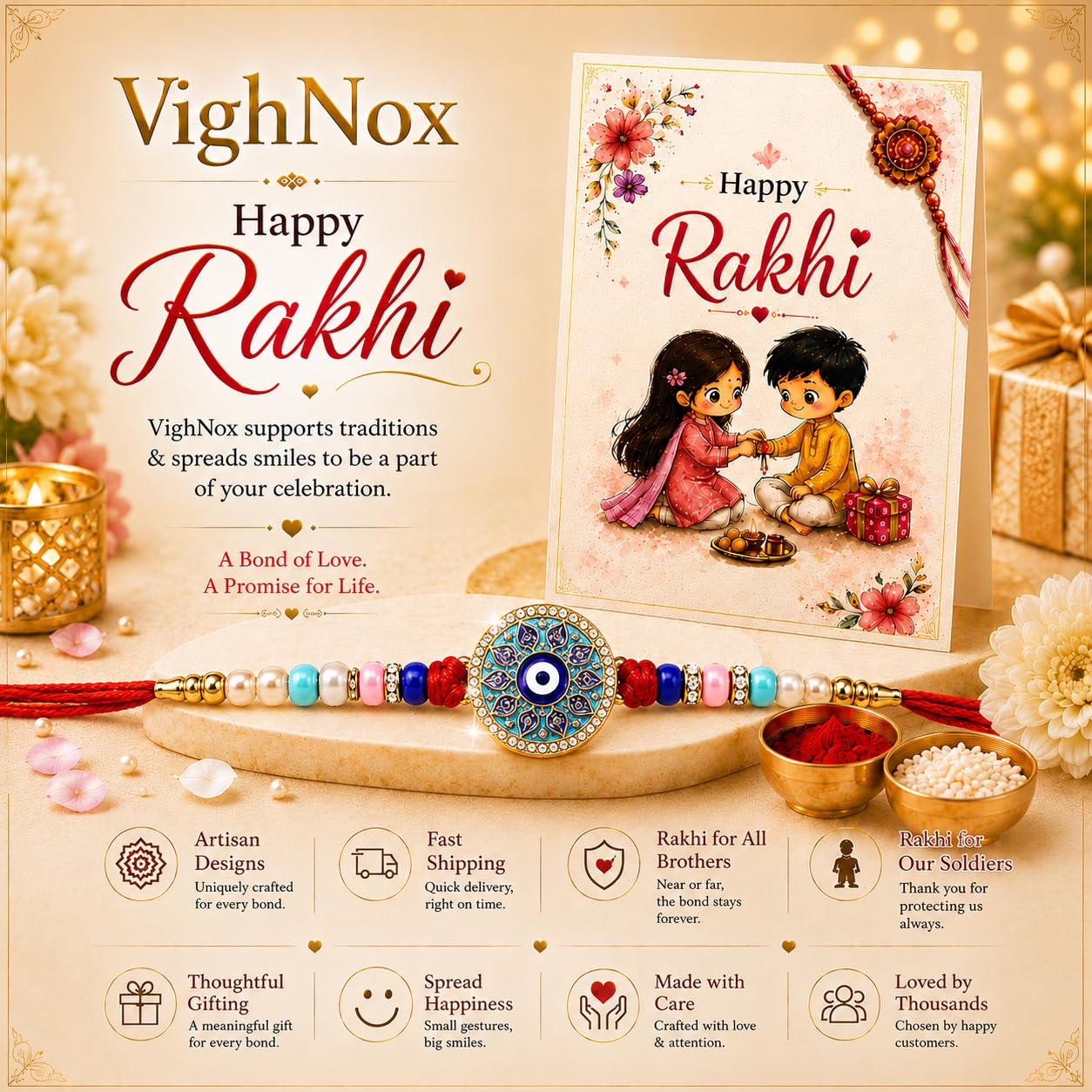 VighNox Rakhi set for Brother with Gift hamper, 3 rakhis for Rakshabandhan - close-up detail (65)
