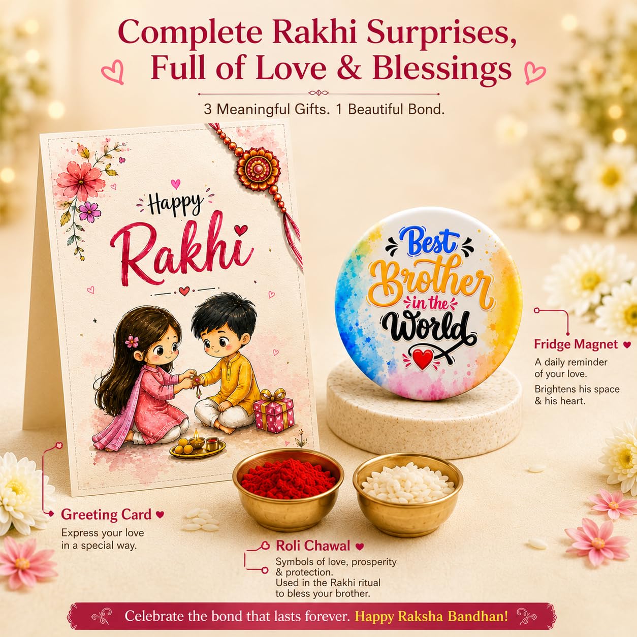 VighNox Rakhi set for Brother with Gift hamper, 3 rakhis for Rakshabandhan - close-up detail