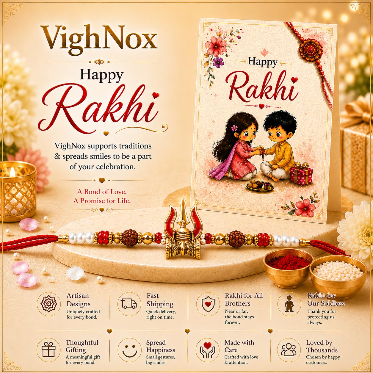 VighNox Rakhi set for Brother with Gift hamper, 3 rakhis for Rakshabandhan - in use