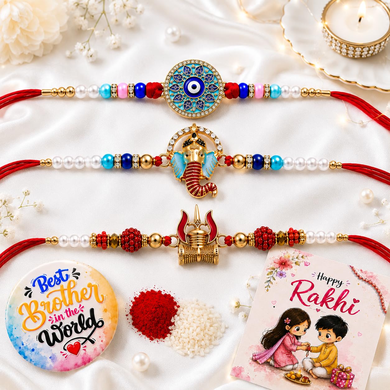 VighNox Rakhi set for Brother with Gift hamper, 3 rakhis for Rakshabandhan - size and scale