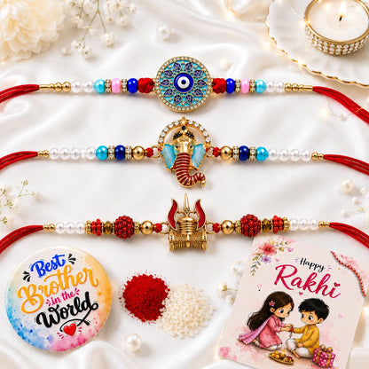VighNox Rakhi set for Brother with Gift hamper, 3 rakhis for Rakshabandhan - size and scale