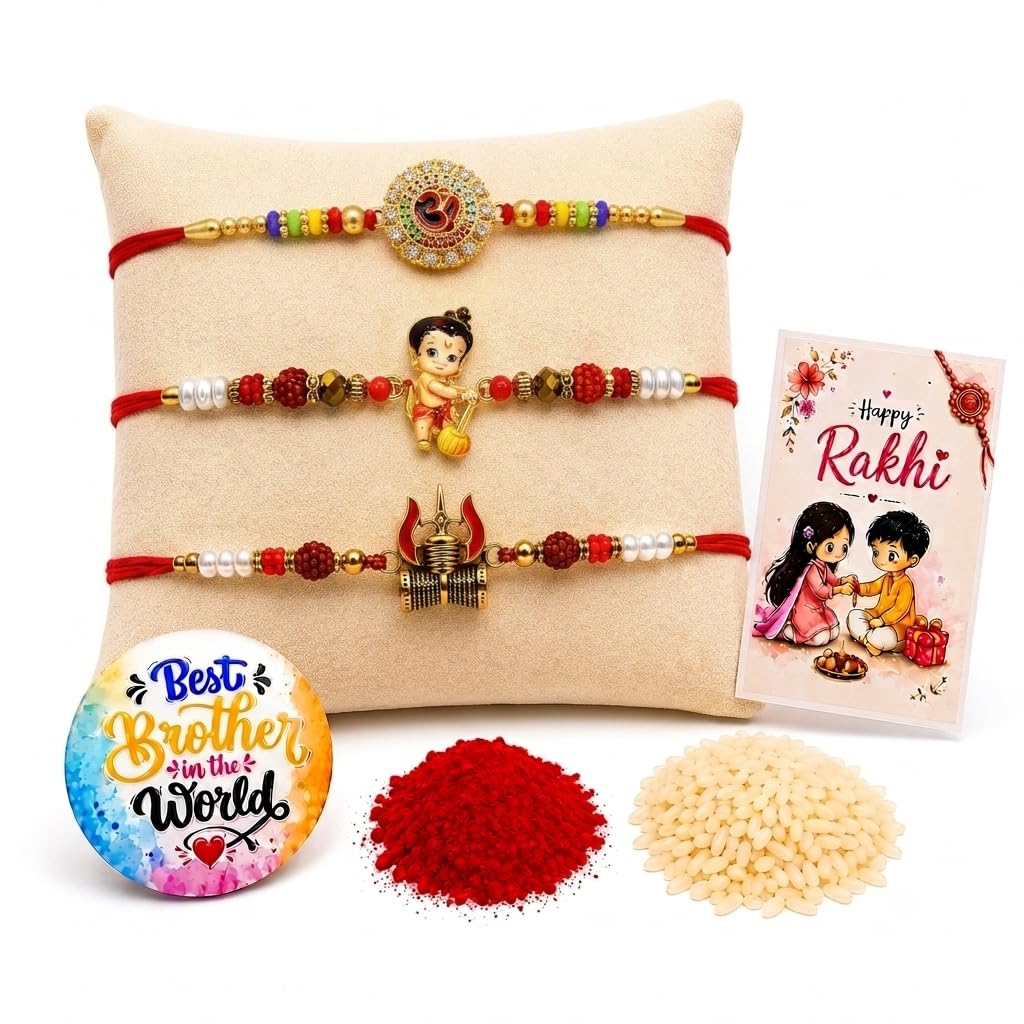 VighNox Traditional Rakhi Set for Brother, 3 Designer Rakhi Combo with gift