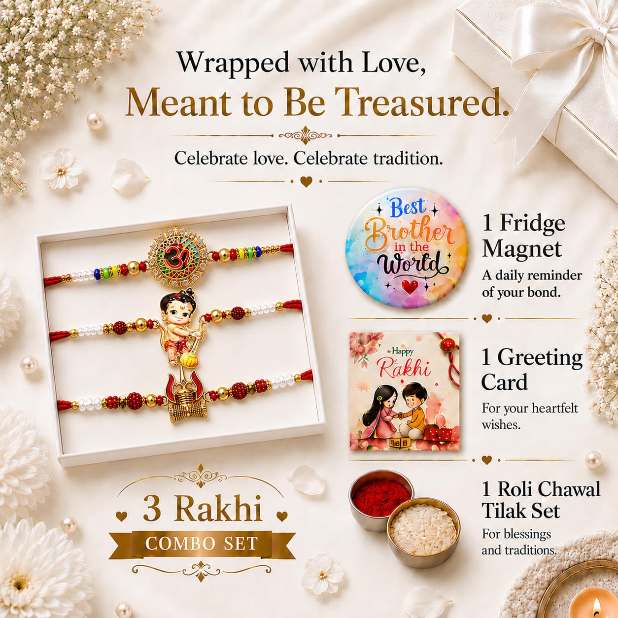 VighNox Traditional Rakhi Set for Brother, 3 Designer Rakhi Combo with gift - back view