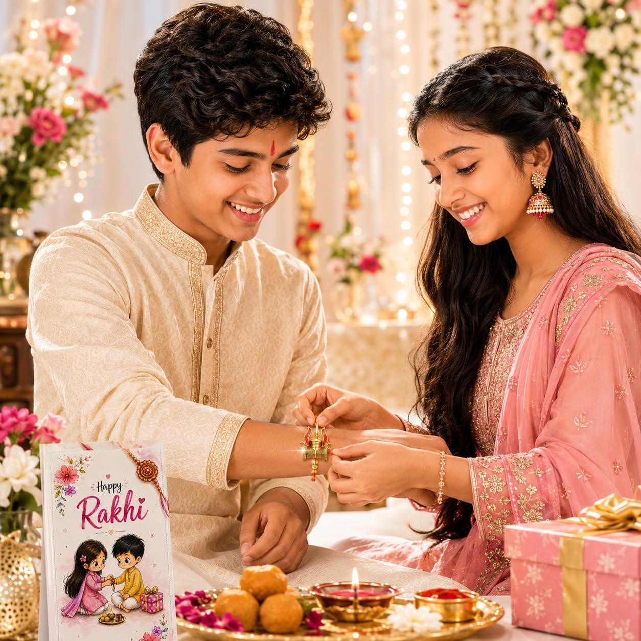 VighNox Traditional Rakhi Set for Brother, 3 Designer Rakhi Combo with gift - in use