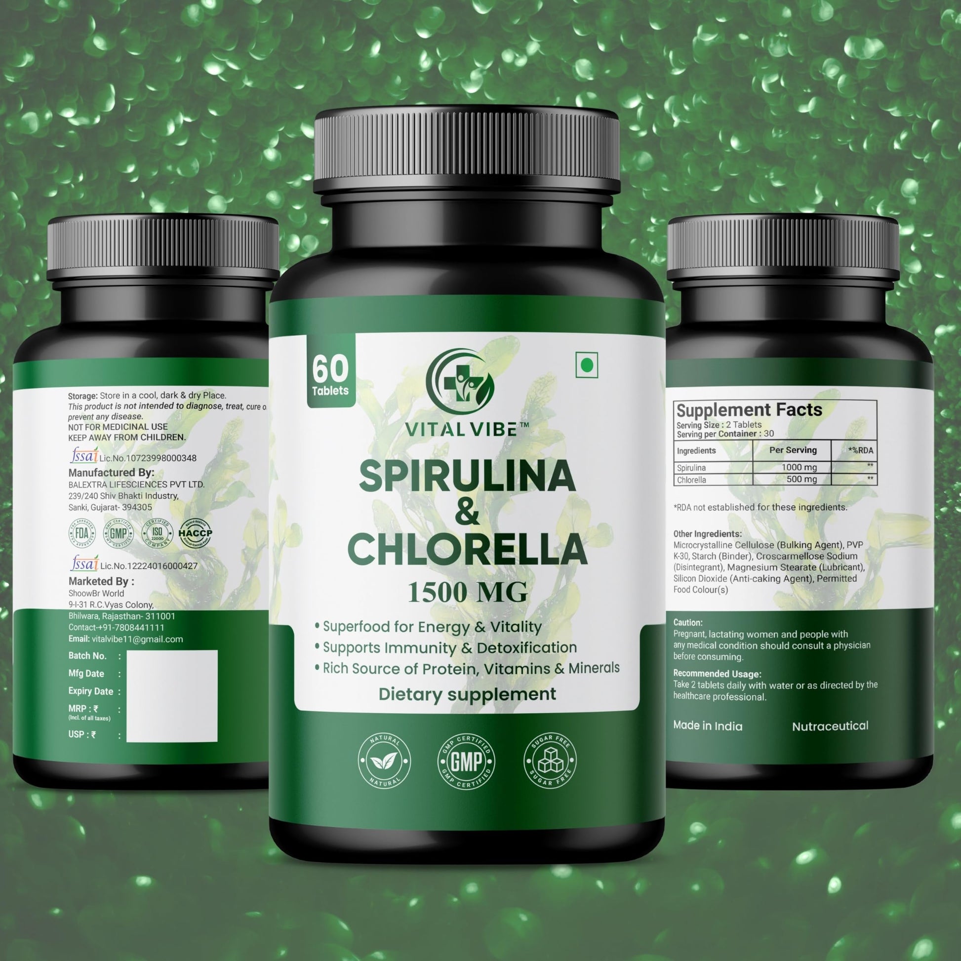Vital Vibe Spirulina & Chlorella Tablets, 2-Pack (120 Tablets), Vegan Herbal Supplement - front view