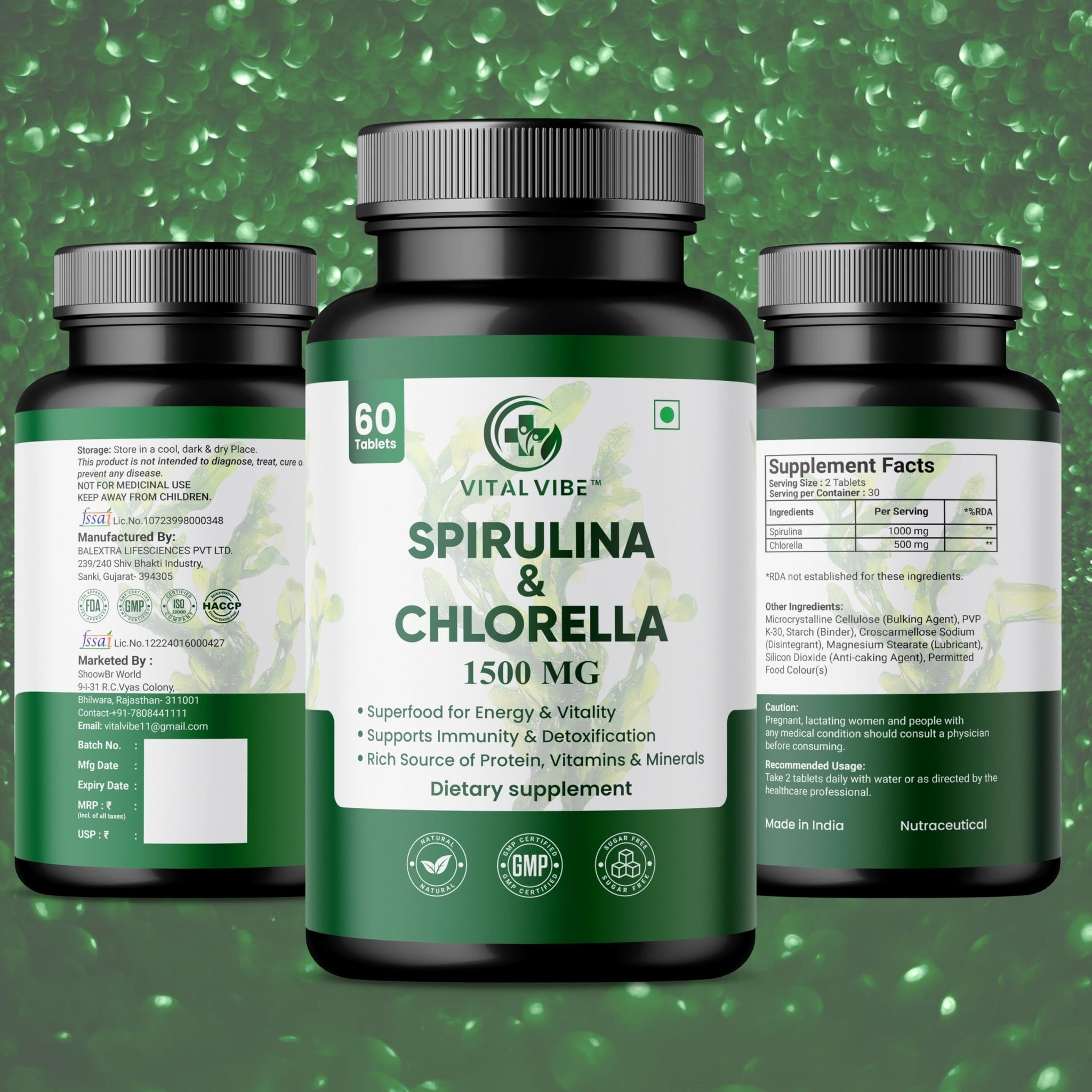 Vital Vibe Spirulina & Chlorella Tablets, 2-Pack (120 Tablets), Vegan Herbal Supplement - front view