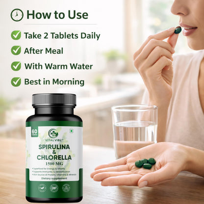 Vital Vibe Spirulina & Chlorella Tablets, 2-Pack (120 Tablets), Vegan Herbal Supplement - back view