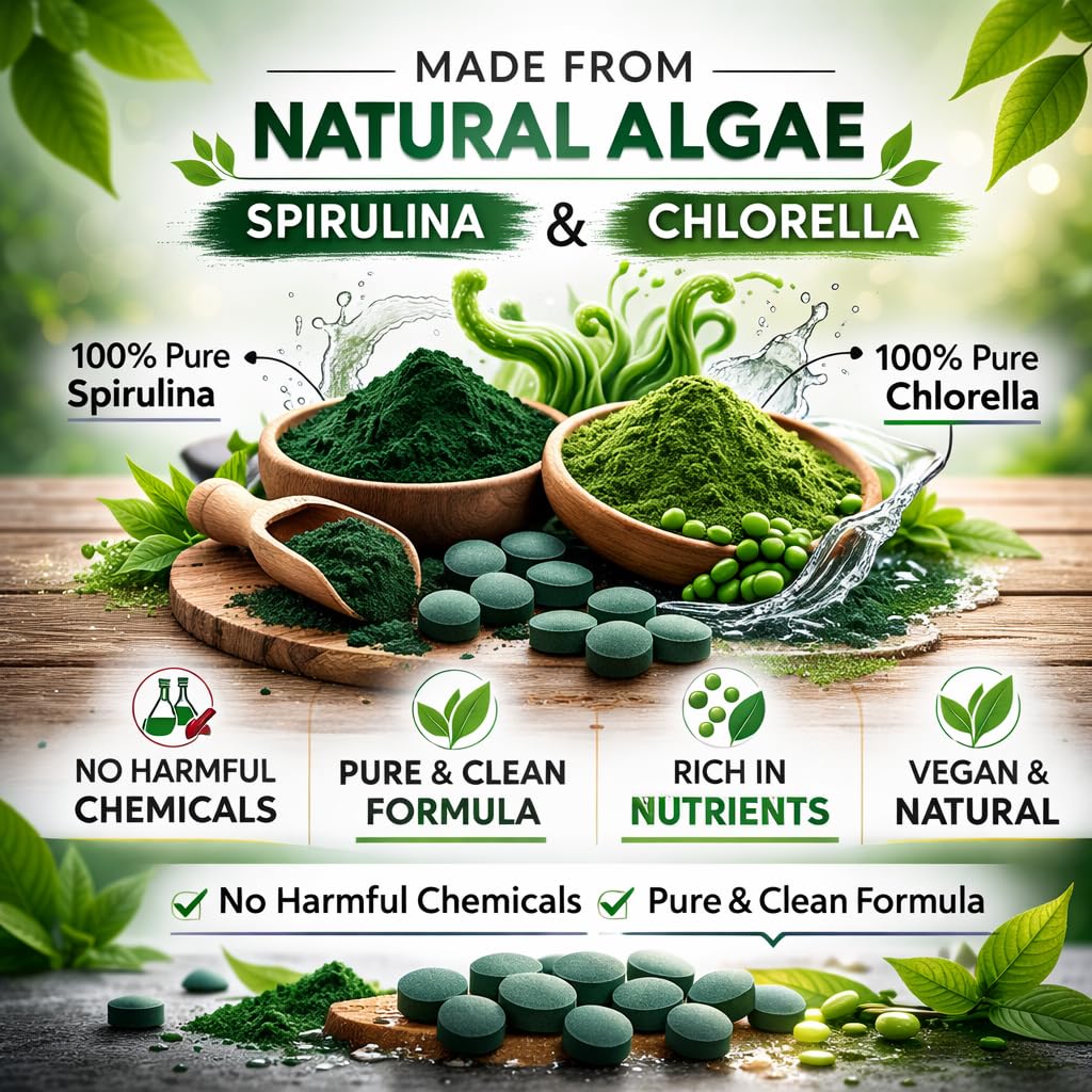 Vital Vibe Spirulina & Chlorella Tablets, 2-Pack (120 Tablets), Vegan Herbal Supplement - packaging