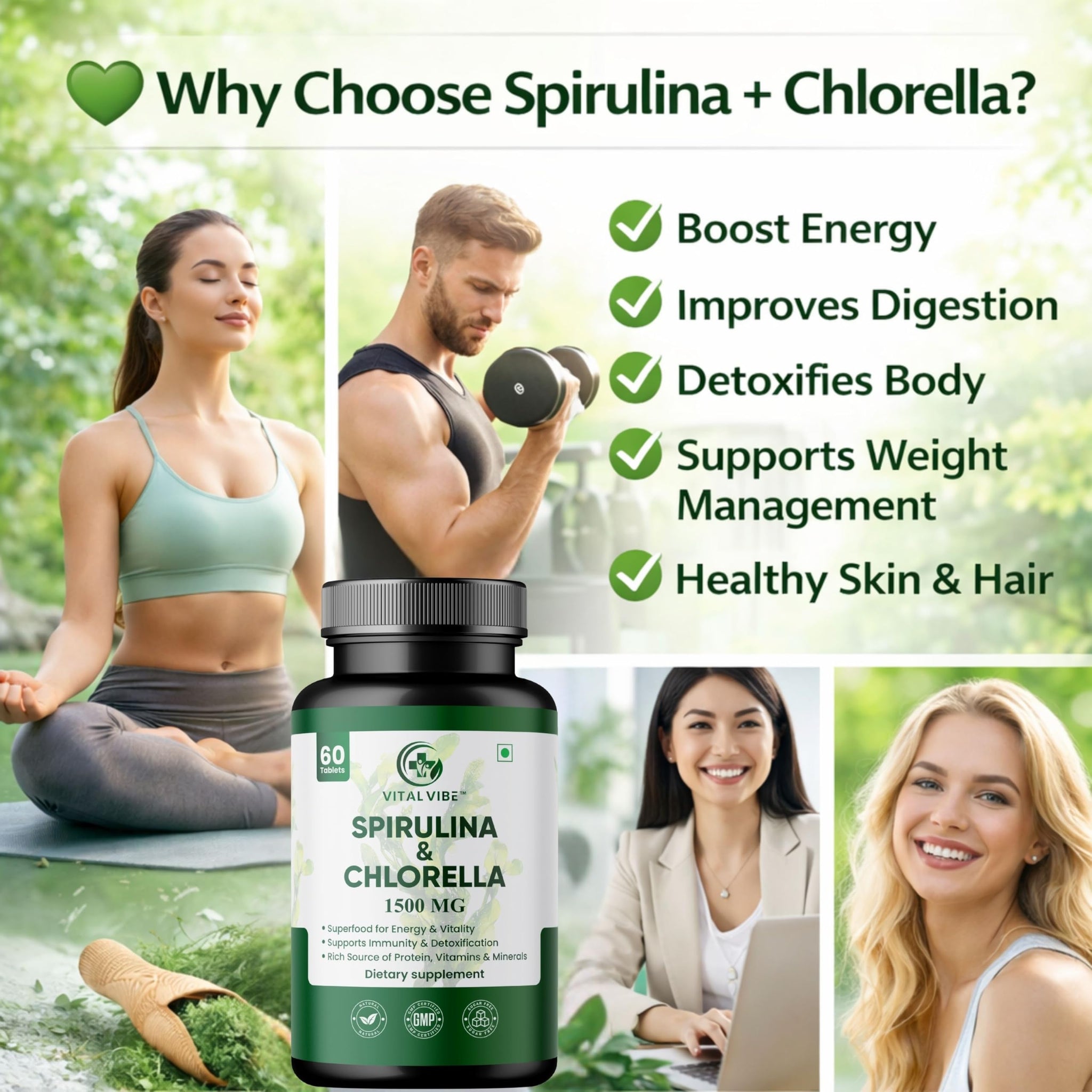 Vital Vibe Spirulina & Chlorella Tablets, 2-Pack (120 Tablets), Vegan Herbal Supplement - label detail