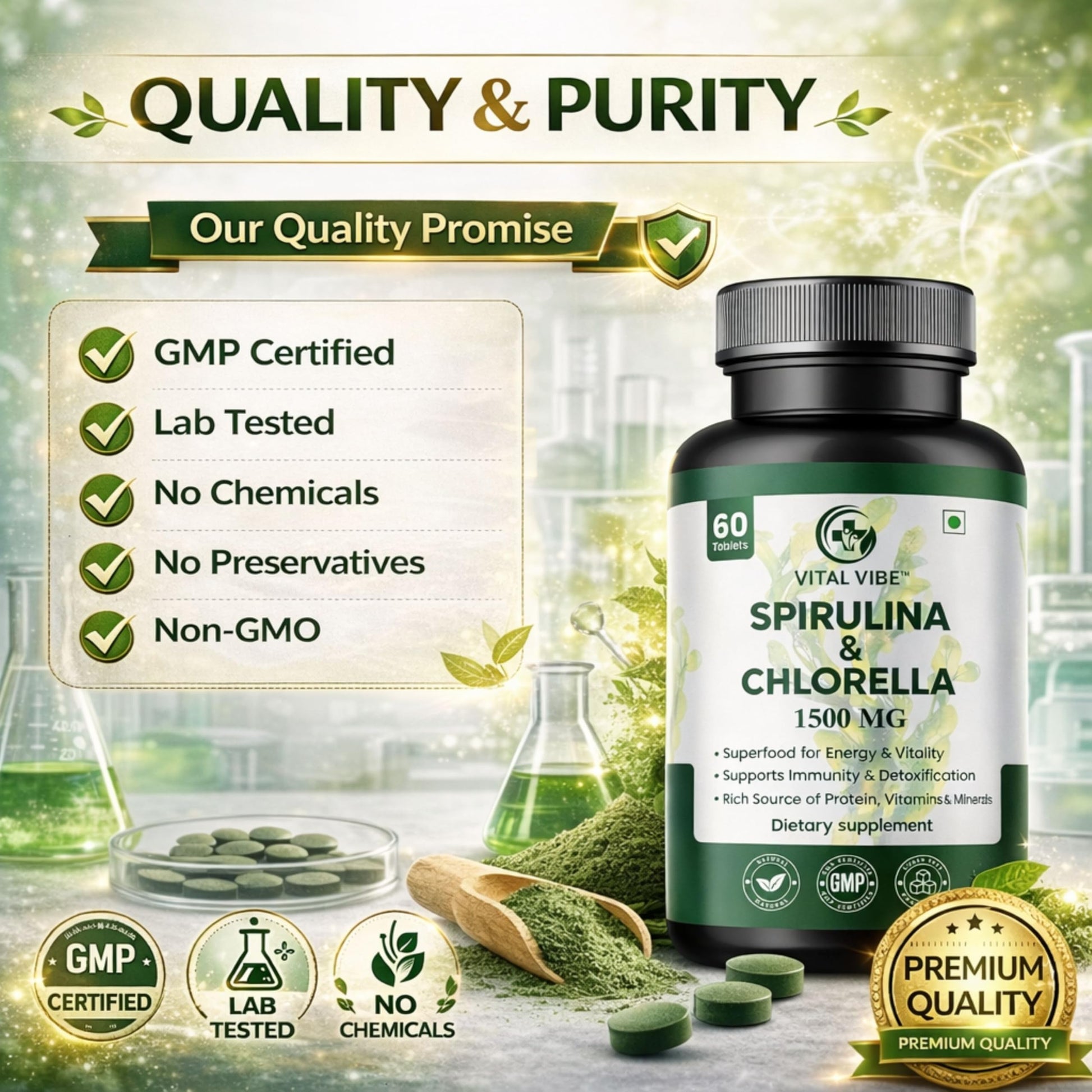 Vital Vibe Spirulina & Chlorella Tablets, 2-Pack (120 Tablets), Vegan Herbal Supplement - ingredients panel