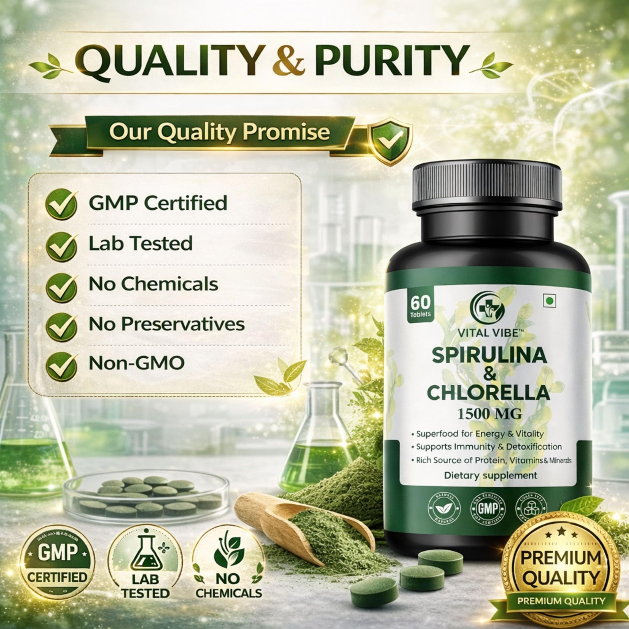 Vital Vibe Spirulina & Chlorella Tablets, 2-Pack (120 Tablets), Vegan Herbal Supplement - ingredients panel