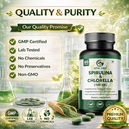 Vital Vibe Spirulina & Chlorella Tablets, 2-Pack (120 Tablets), Vegan Herbal Supplement - ingredients panel