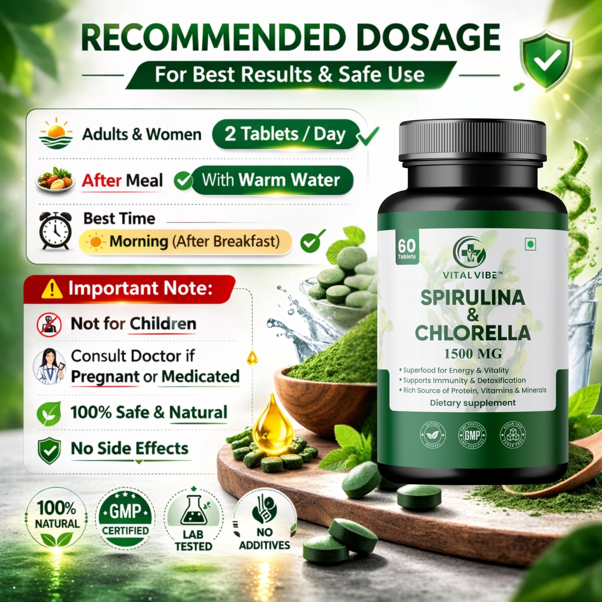 Vital Vibe Spirulina & Chlorella Tablets, 2-Pack (120 Tablets), Vegan Herbal Supplement - close-up detail