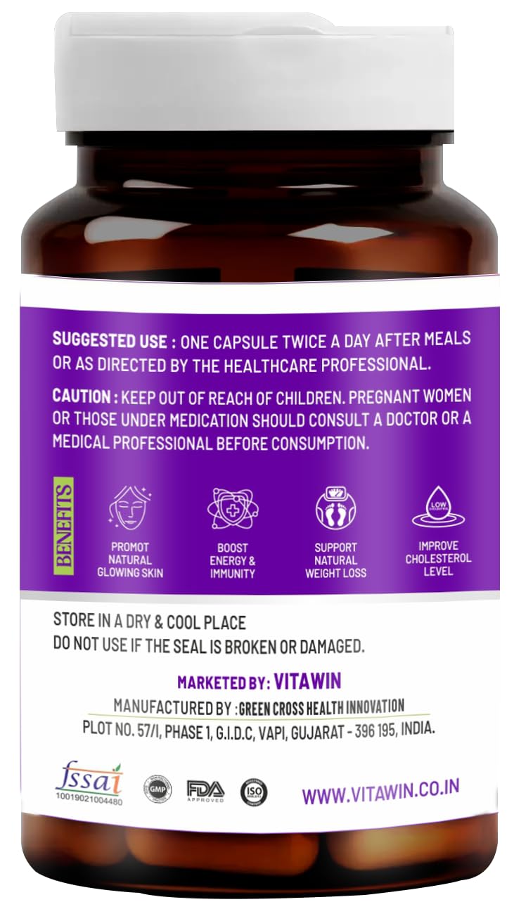 VITAWIN Acai Berry Capsules, 500 mg, 60 Vegetarian Capsules, Herbal Supplement - back view