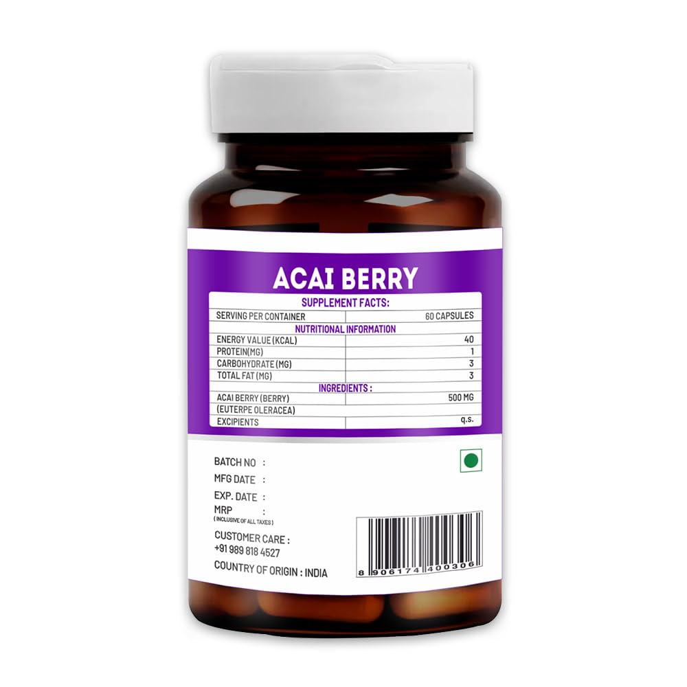 VITAWIN Acai Berry Capsules, 500 mg, 60 Vegetarian Capsules, Herbal Supplement - label detail