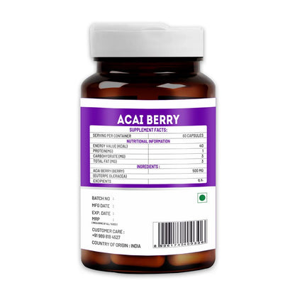 VITAWIN Acai Berry Capsules, 500 mg, 60 Vegetarian Capsules, Herbal Supplement - label detail